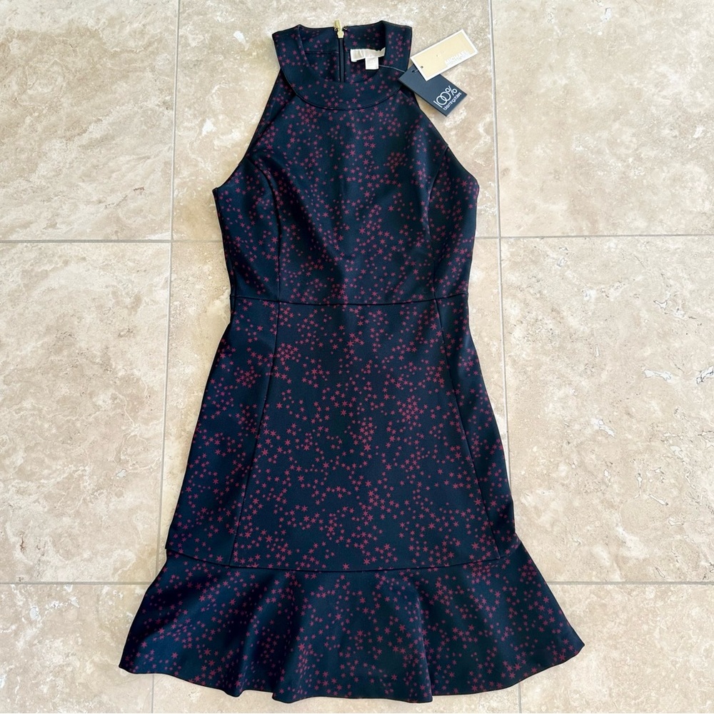 NWT MICHAEL Michael Kors Sleeveless Black Dress with Burgundy Stars, Size XS